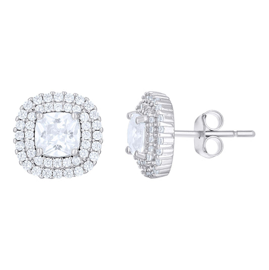 Sterling Silver Womens Cushion-Cut Round Cubic-Zirconia Square Fashion Stud Earrings