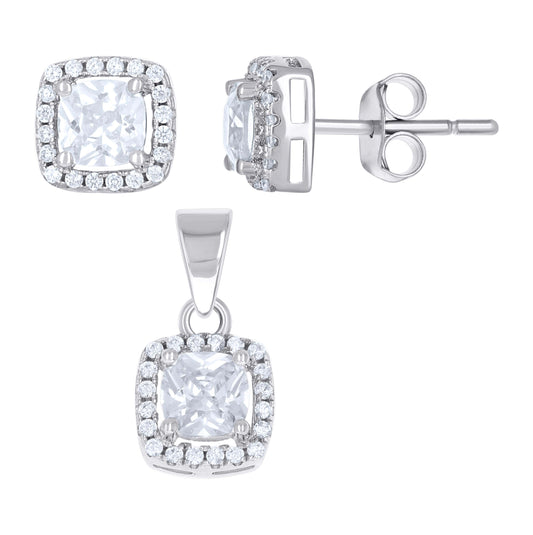 Sterling Silver Womens Cushion-Cut Round Cubic-Zirconia Halo Square Fashion Earrings And Pendant Set