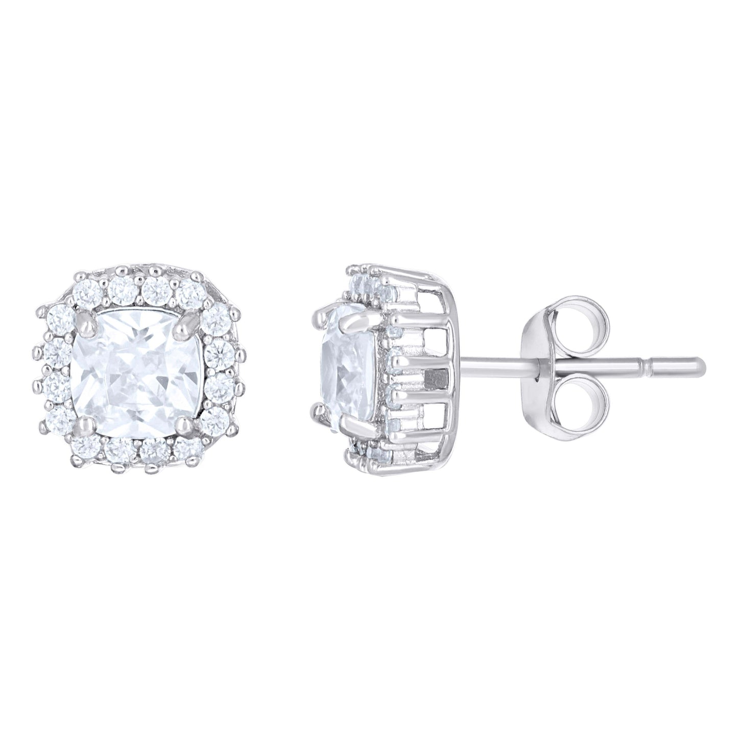 Sterling Silver Womens Cushion-Cut Round Cubic-Zirconia Square Fashion Stud Earrings
