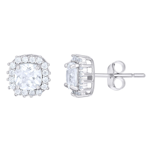 Sterling Silver Womens Cushion-Cut Round Cubic-Zirconia Square Fashion Stud Earrings
