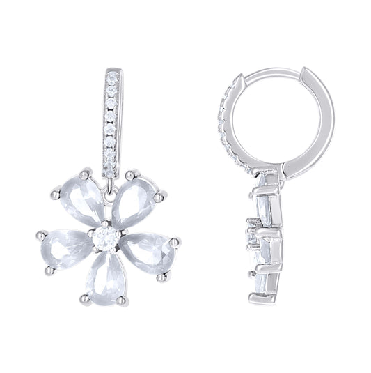 Sterling Silver Womens Pink White Teardrop Round Cubic-Zirconia Flower Fashion Dangle Hoop Earrings