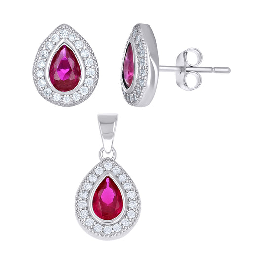 Sterling Silver Womens Pink White Teardrop Round Cubic-Zirconia Teardrop Fashion Earrings And Pendant Set
