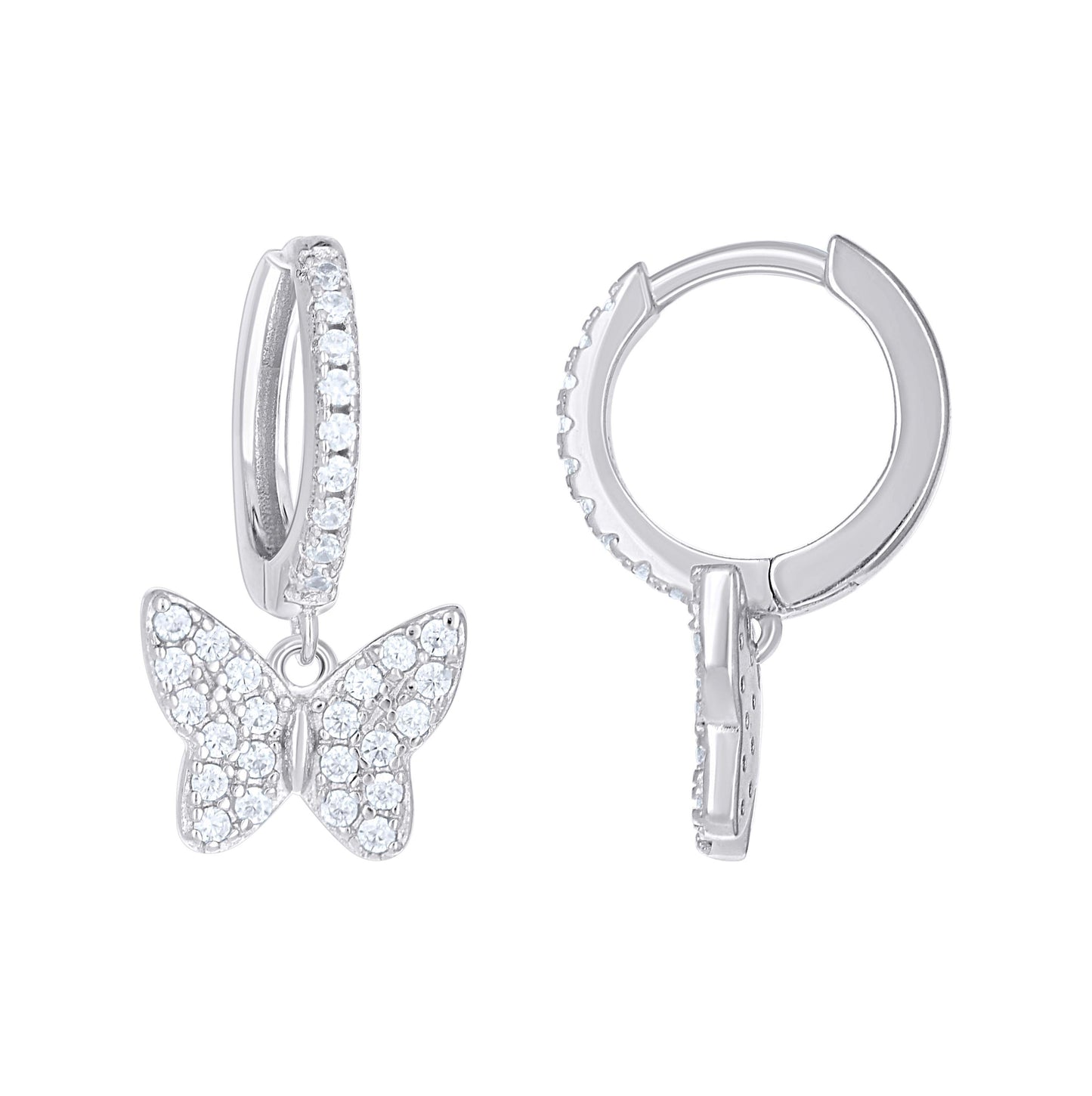 Sterling Silver Womens Cubic-Zirconia Butterfly Dangle Hoop Earrings