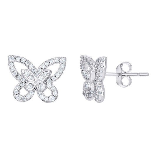 Sterling Silver Womens Cubic-Zirconia Butterfly Stud Earrings