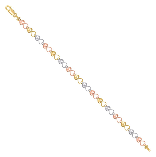 14K Tri-Color Gold Womens Hearts Link Bracelet Size 7.5 Inches