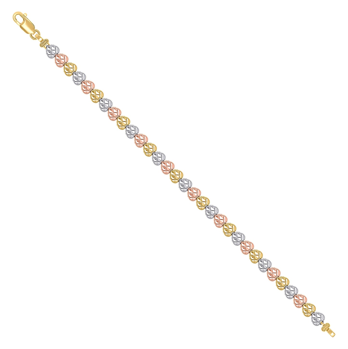 14K Tri-Color Gold Womens Hearts Link Bracelet Size 7.5 Inches