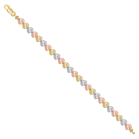 14K Tri-Color Gold Womens Hearts Link Bracelet Size 7.5 Inches