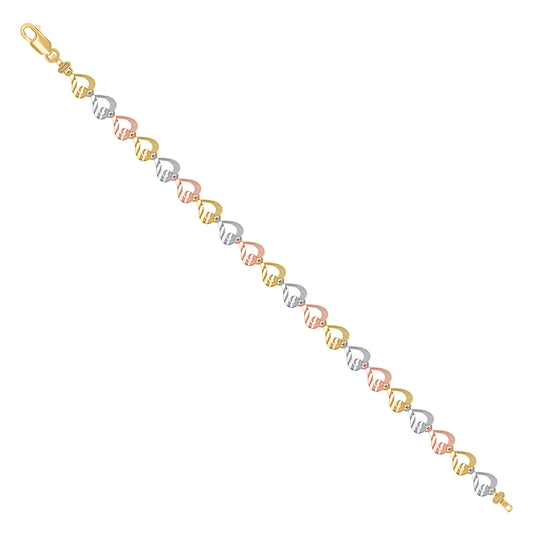 14K Tri-Color Gold Womens Hearts Link Bracelet Size 7.5 Inches