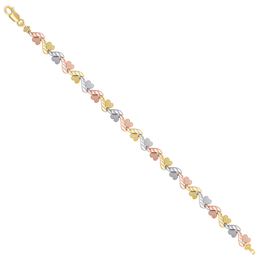 14K Tri-Color Gold Womens Waves Hearts Link Bracelet Size 7.5 Inches