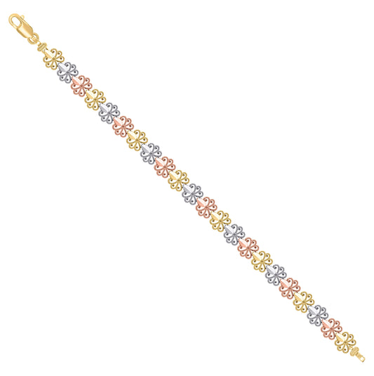 14K Tri-Color Gold Womens Flower Fashion Link Bracelet Size 7 Inches