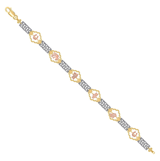 14K Tri-Color Gold Womens Horseshoe Elephant Owl Clover Good Luck Link Bracelet Size 7 Inches