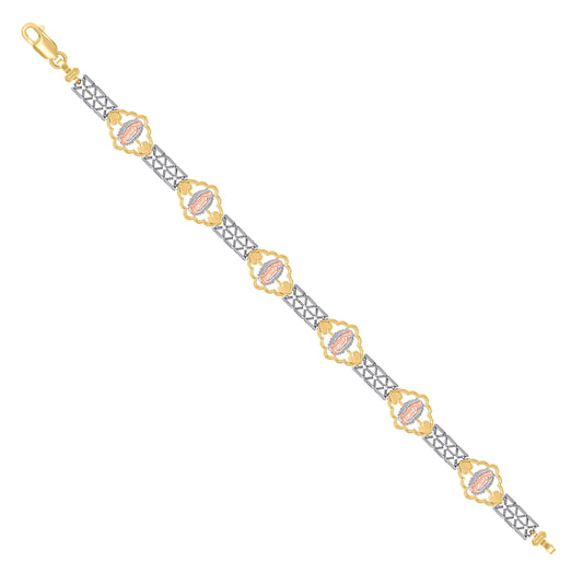 14K Tri-Color Gold Womens Virgin Mary Guadalupe Religious Link Bracelet Size 7 Inches