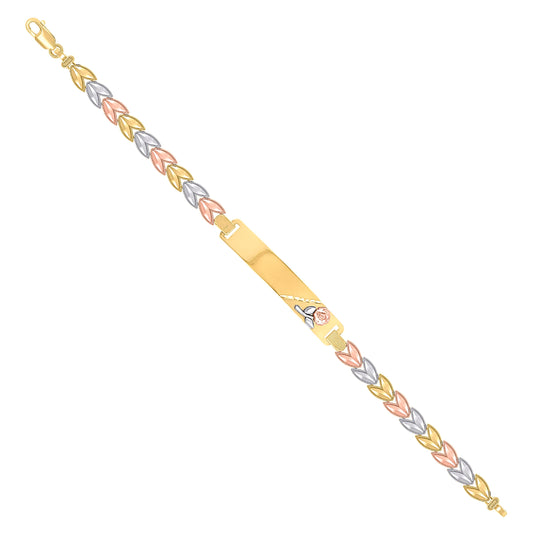 14K Tri-Color Gold Womens Flower Fashion ID Bracelet Size 7.5 Inches