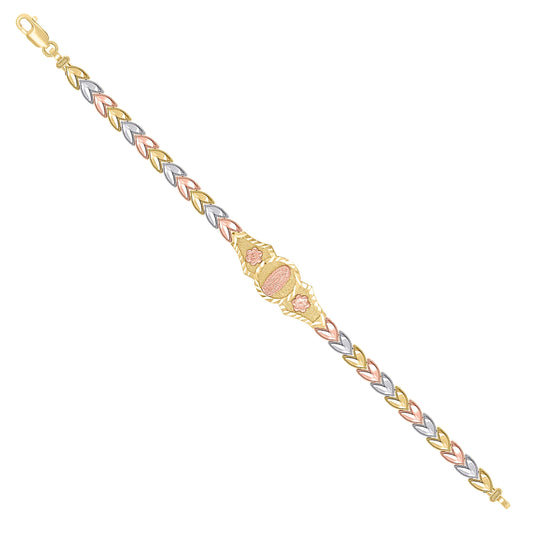 14K Tri-Color Gold Womens Virgin Mary Guadalupe Religious Charm Bracelet Size 7.5 Inches