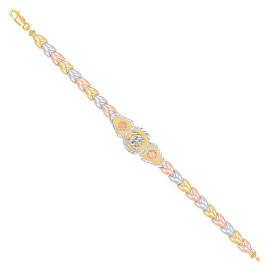 14K Tri-Color Gold Womens 15 Quinceanera Charm Bracelet Size 7.5 Inches