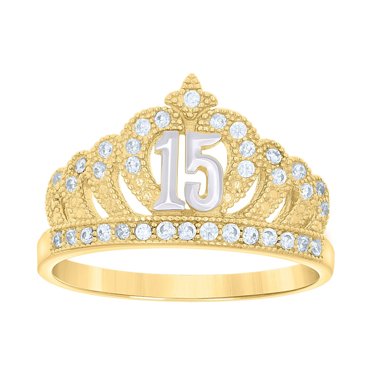 14K Two-tone Gold Womens Cubic-Zirconia Crown 15 Anos Quinceanera Ring