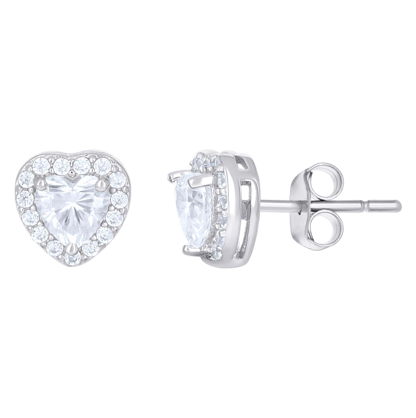 Sterling Silver Womens Heart Round Cubic-Zirconia Heart Stud Earrings