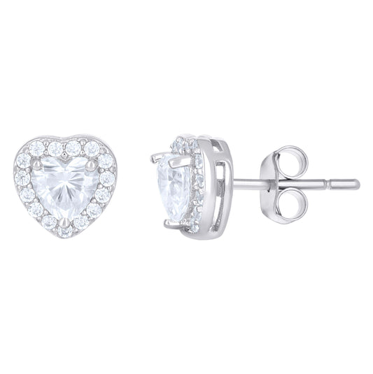 Sterling Silver Womens Heart Round Cubic-Zirconia Heart Stud Earrings