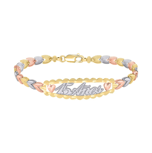 14K Tri-Color Gold Womens 15 Anos Quinceanera Charm Bracelet Size 7.5 Inches