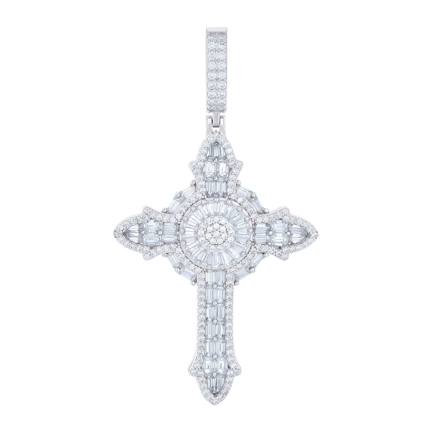 Sterling Silver Mens Round Baguette Cubic-Zirconia Cross Religious Charm Pendant