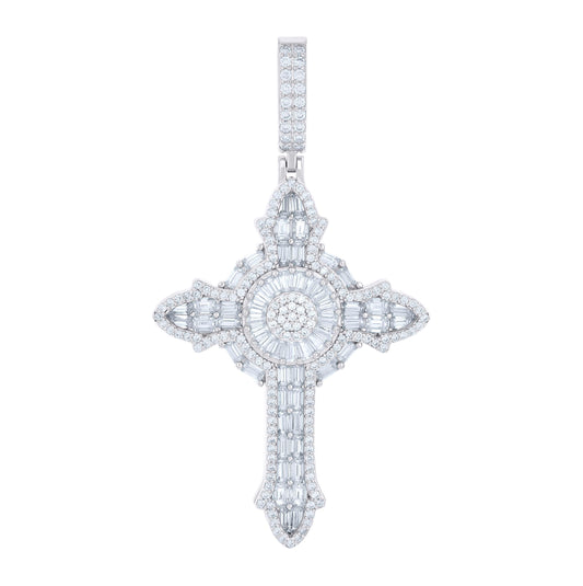 Sterling Silver Mens Round Baguette Cubic-Zirconia Cross Religious Charm Pendant