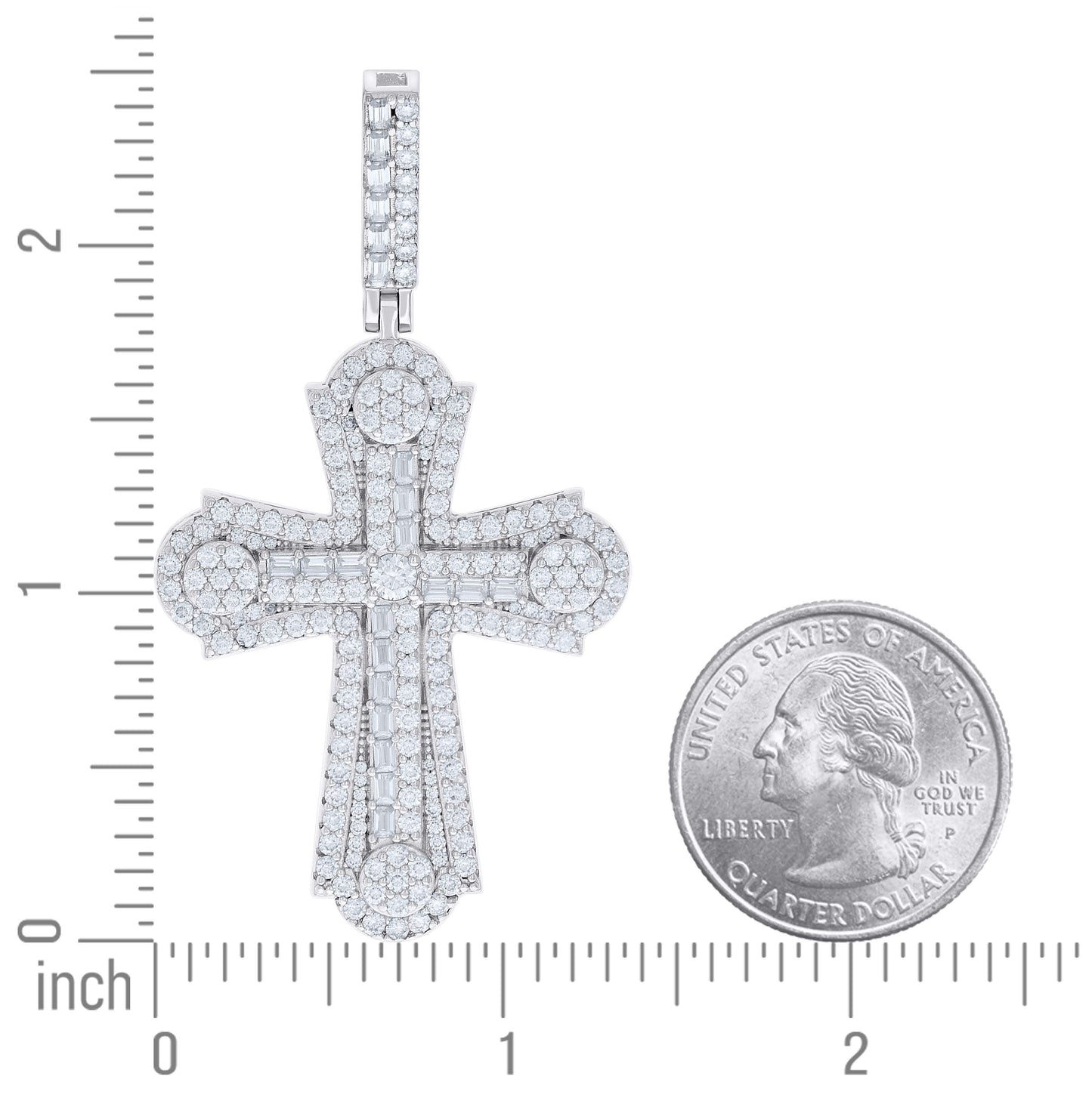Sterling Silver Mens Round Baguette Cubic-Zirconia Cross Religious Charm Pendant