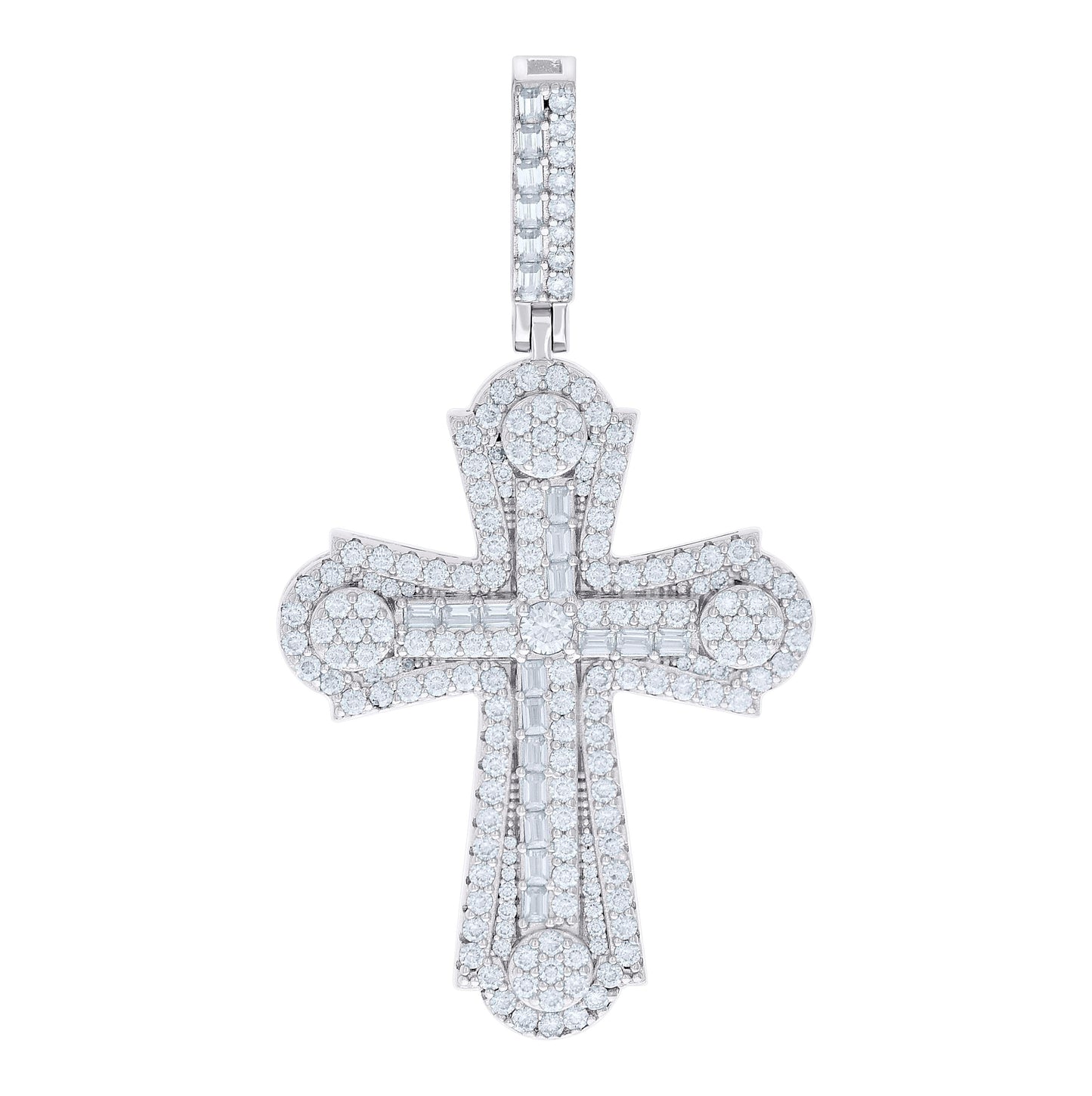 Sterling Silver Mens Round Baguette Cubic-Zirconia Cross Religious Charm Pendant