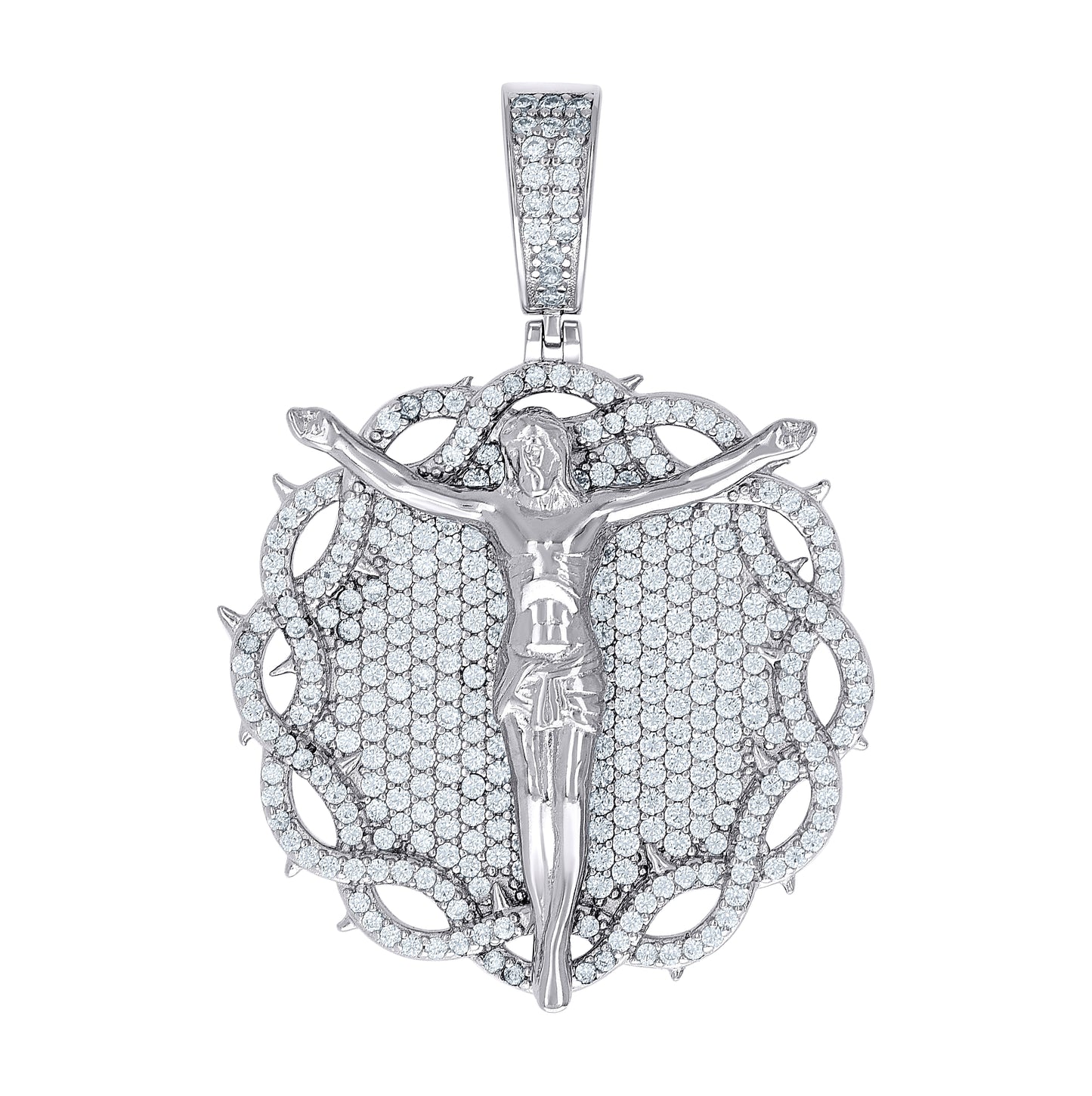 Sterling Silver Mens Round Moissanite Crucifix Religious Charm Pendant