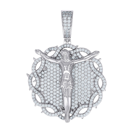 Sterling Silver Mens Round Moissanite Crucifix Religious Charm Pendant