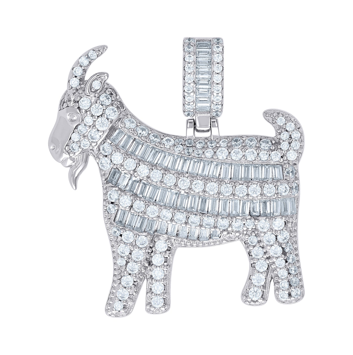 Sterling Silver Mens Round Baguette Moissanite Goat Animal Wildlife Charm Pendant