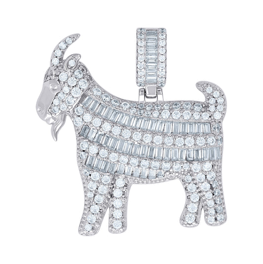 Sterling Silver Mens Round Baguette Moissanite Goat Animal Wildlife Charm Pendant
