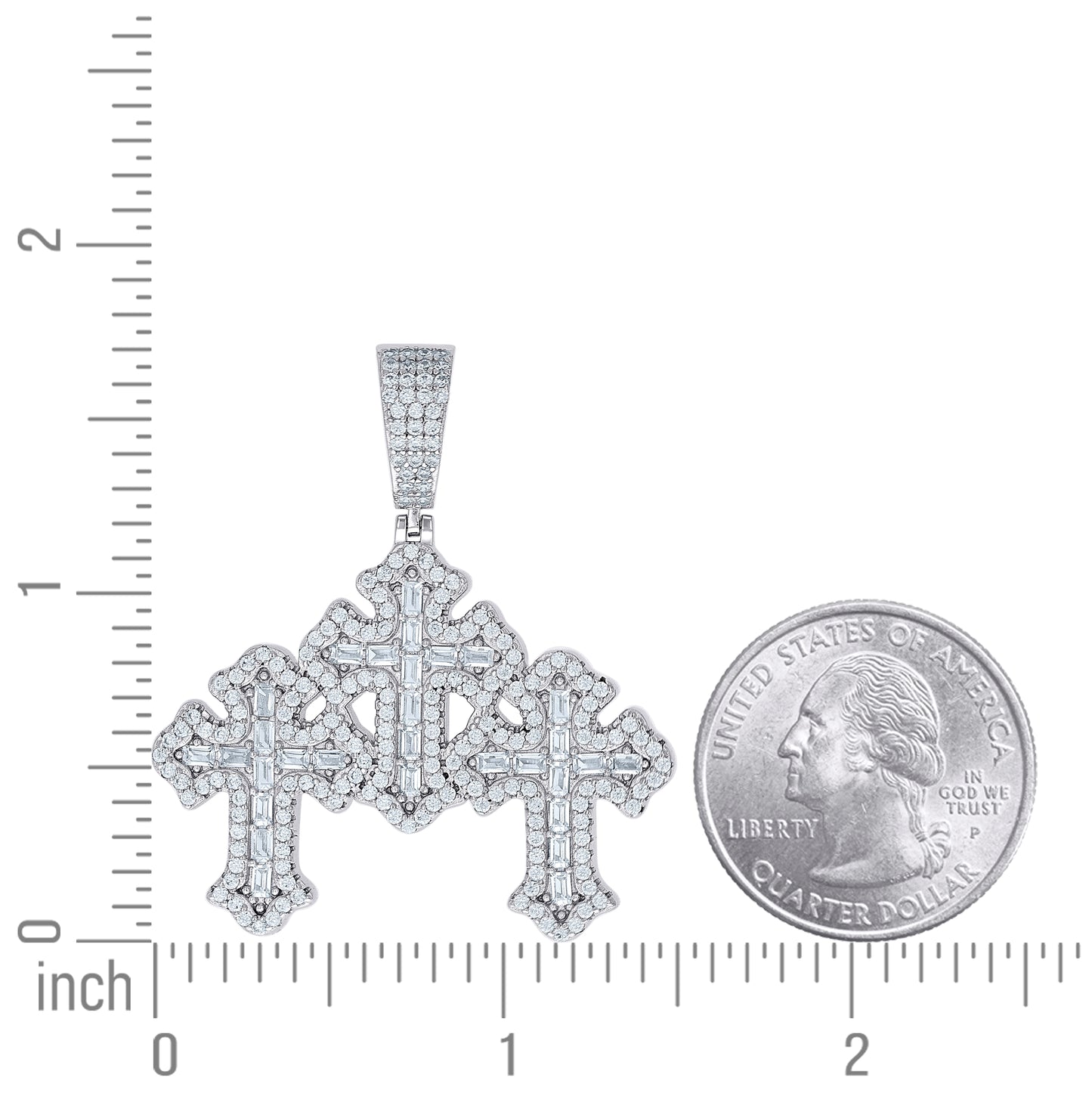 Sterling Silver Mens Round Baguette Moissanite Triple Cross Religious Charm Pendant