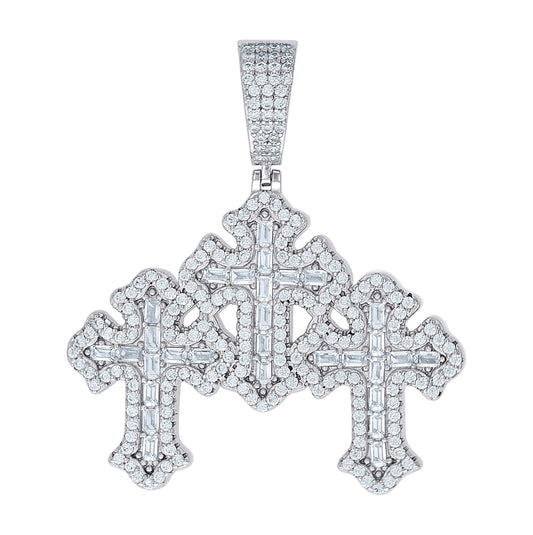 Sterling Silver Mens Round Baguette Moissanite Triple Cross Religious Charm Pendant