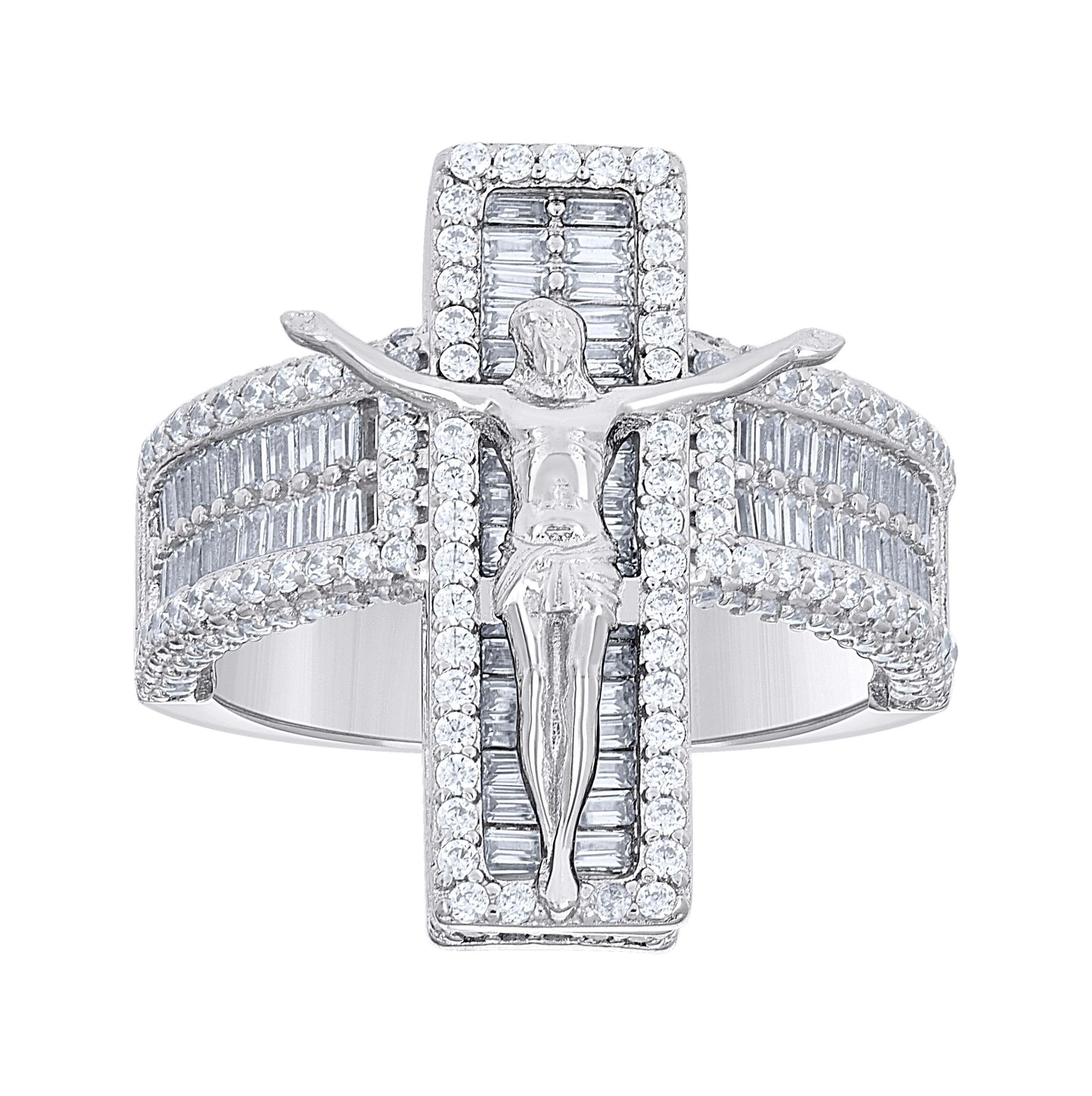 Sterling Silver Mens Baguette Round Cubic-Zirconia Crucifix Religious Bridal Anniversary Wedding Engagement Band Ring