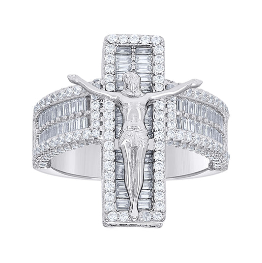 Sterling Silver Mens Baguette Round Cubic-Zirconia Crucifix Religious Bridal Anniversary Wedding Engagement Band Ring