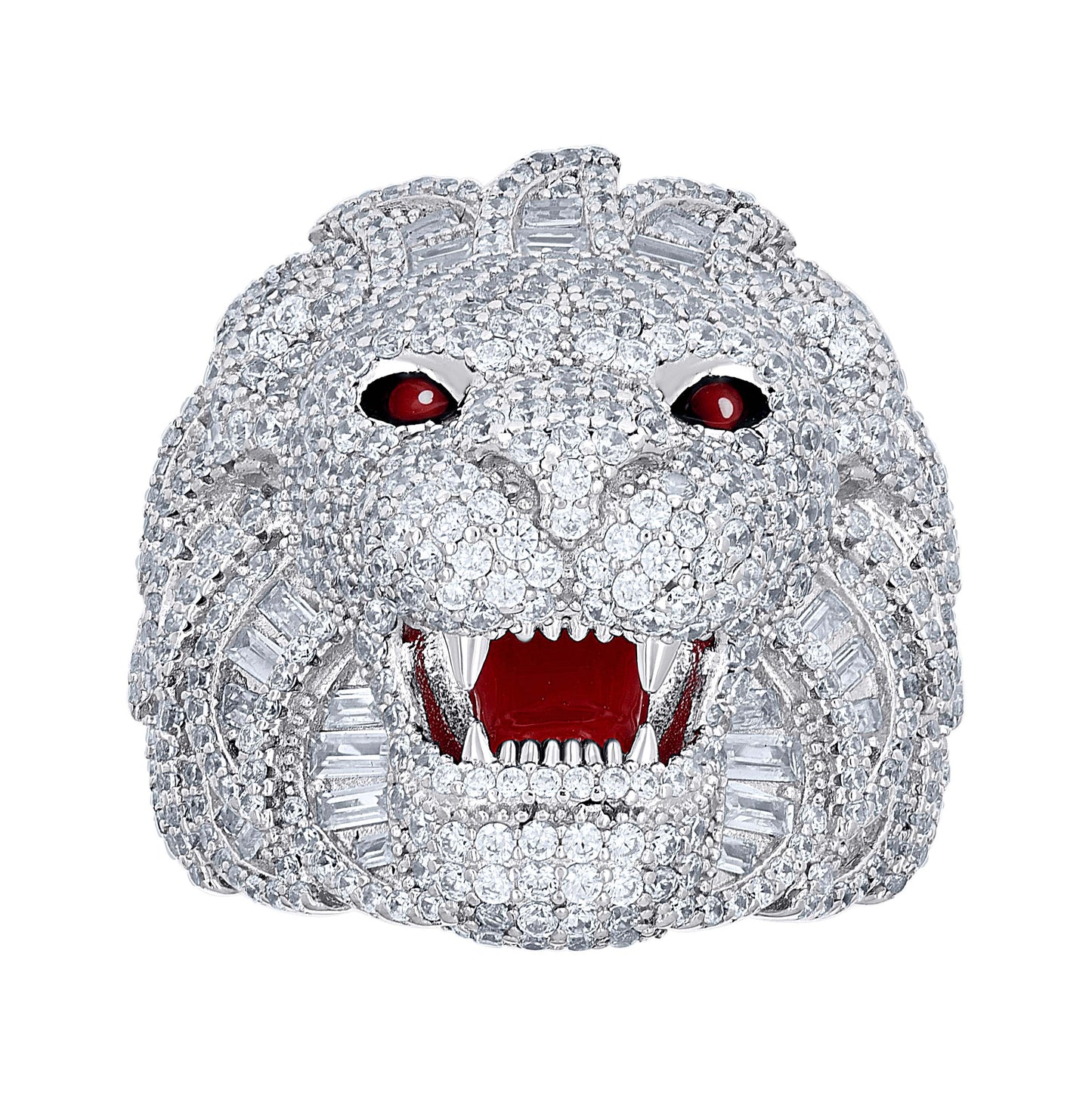 Sterling Silver Mens Baguette Round Cubic-Zirconia Lion Head Enameled Wildlife Bridal Anniversary Wedding Engagement Band Ring