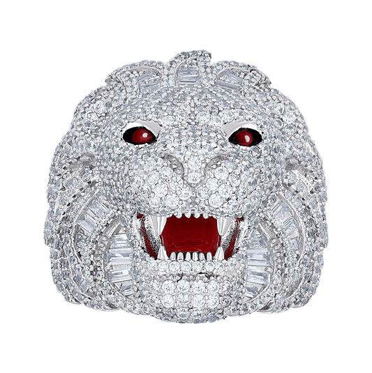 Sterling Silver Mens Baguette Round Cubic-Zirconia Lion Head Enameled Wildlife Bridal Anniversary Wedding Engagement Band Ring
