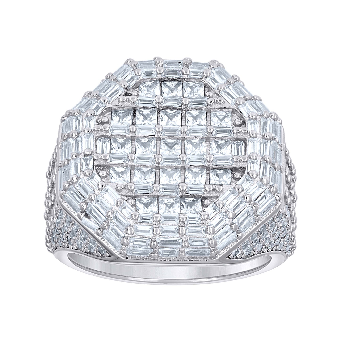 Sterling Silver Mens Princess-Cut/Baguette Round Cubic-Zirconia Octagon Head Fashion Bridal Anniversary Wedding Engagement Band Ring