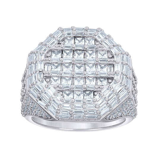 Sterling Silver Mens Princess-Cut/Baguette Round Cubic-Zirconia Octagon Head Fashion Bridal Anniversary Wedding Engagement Band Ring
