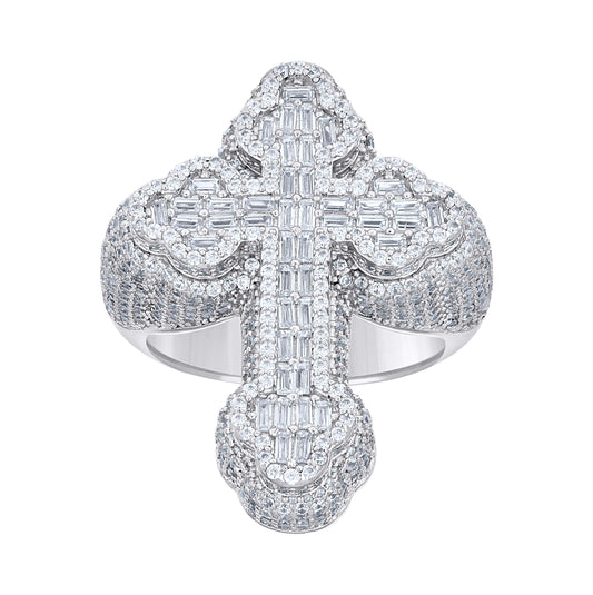 Sterling Silver Mens Baguette Round Cubic-Zirconia Cross Religious Bridal Anniversary Wedding Engagement Band Ring