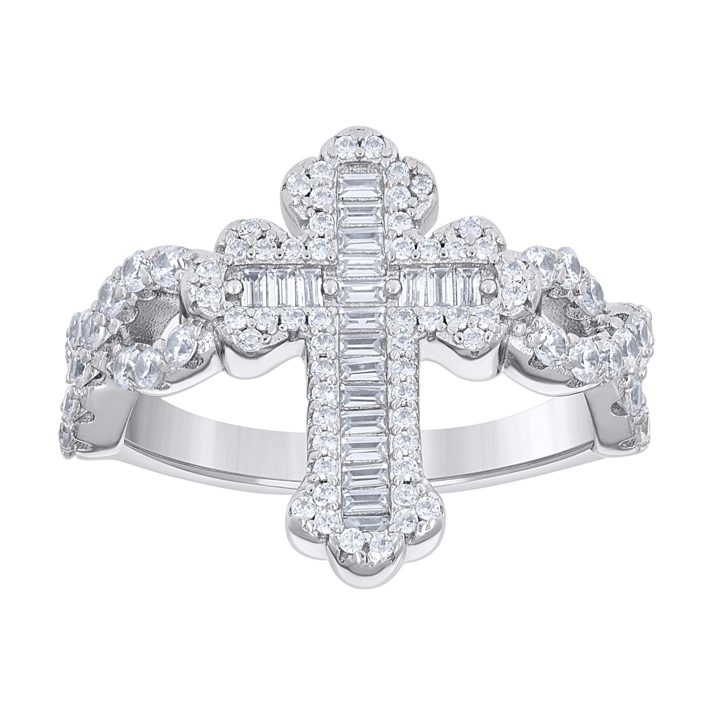 Sterling Silver Mens Baguette Round Cubic-Zirconia Cross Religious Bridal Anniversary Wedding Engagement Band Ring S8-S11