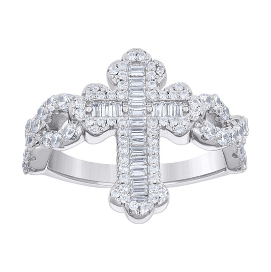 Sterling Silver Mens Baguette Round Cubic-Zirconia Cross Religious Bridal Anniversary Wedding Engagement Band Ring S8-S11