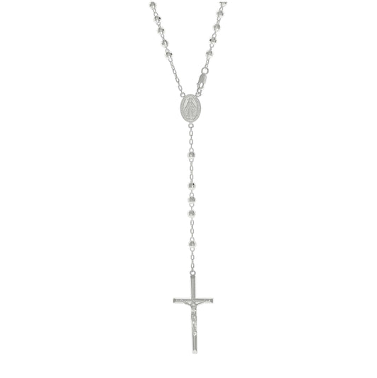 Sterling Silver Rhodium Plated Unisex Guadalupe Crucifix Cross Religious Rosary Necklace 4Mm