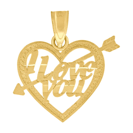 10K Yellow Gold Diamond-Cut Unisex I Love You Heart Charm Pendant