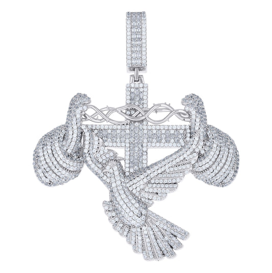 Sterling Silver Mens Cubic-Zirconia Pigeon Cross Religious Pendant