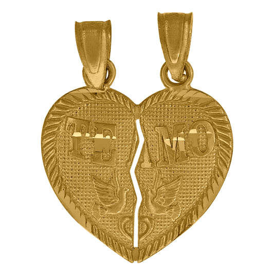 10K Yellow Gold Diamond-Cut Unisex Te Amo Broken Heart Charm Pendant