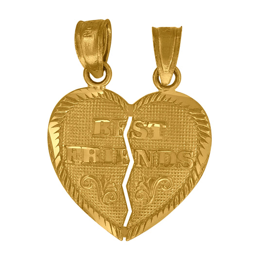 10K Yellow Gold Diamond-Cut Unisex Best Friends Broken Heart Charm Pendant