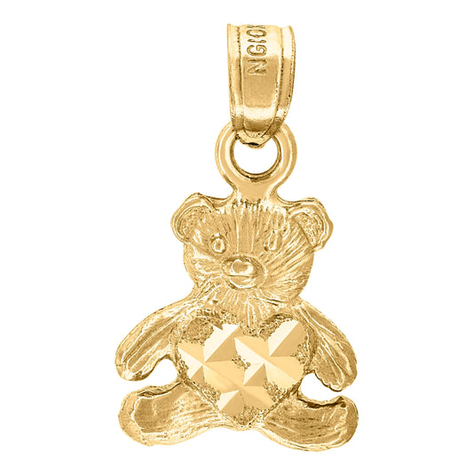 10K Yellow Gold Womens Diamond-Cut Baby Teddy Bear Heart Charm Pendant