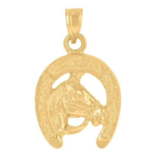 10K Yellow Gold Womens Horse In Horseshoe Animal Charm Pendant