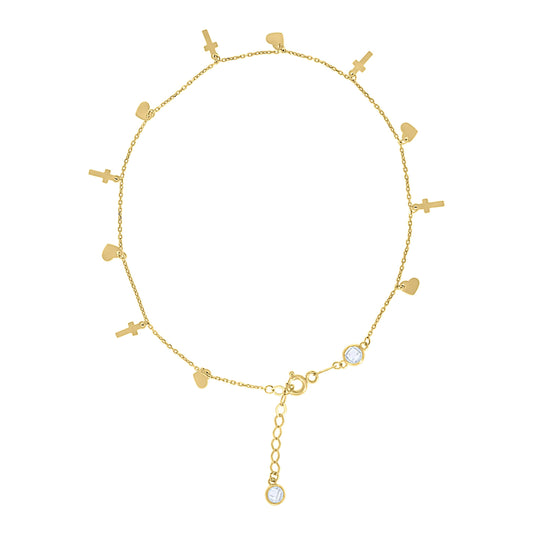 10K Or 14K Yellow Gold Womens Cubic-Zirconia Heart Cross Charms Chain Anklet Size 10 Inches